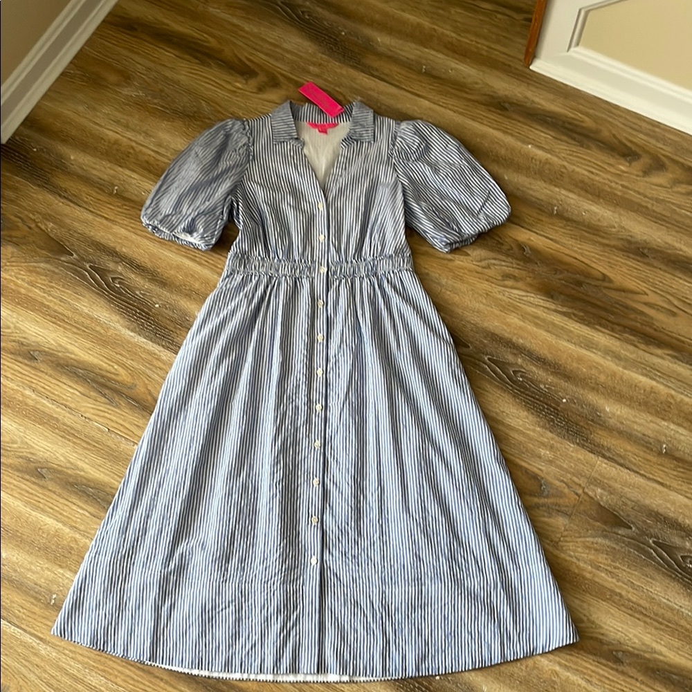 Lilly Pulitzer Tassie Elbow Sleeve Midi Dress in Coastal Blue Oxford Stripe NWT
